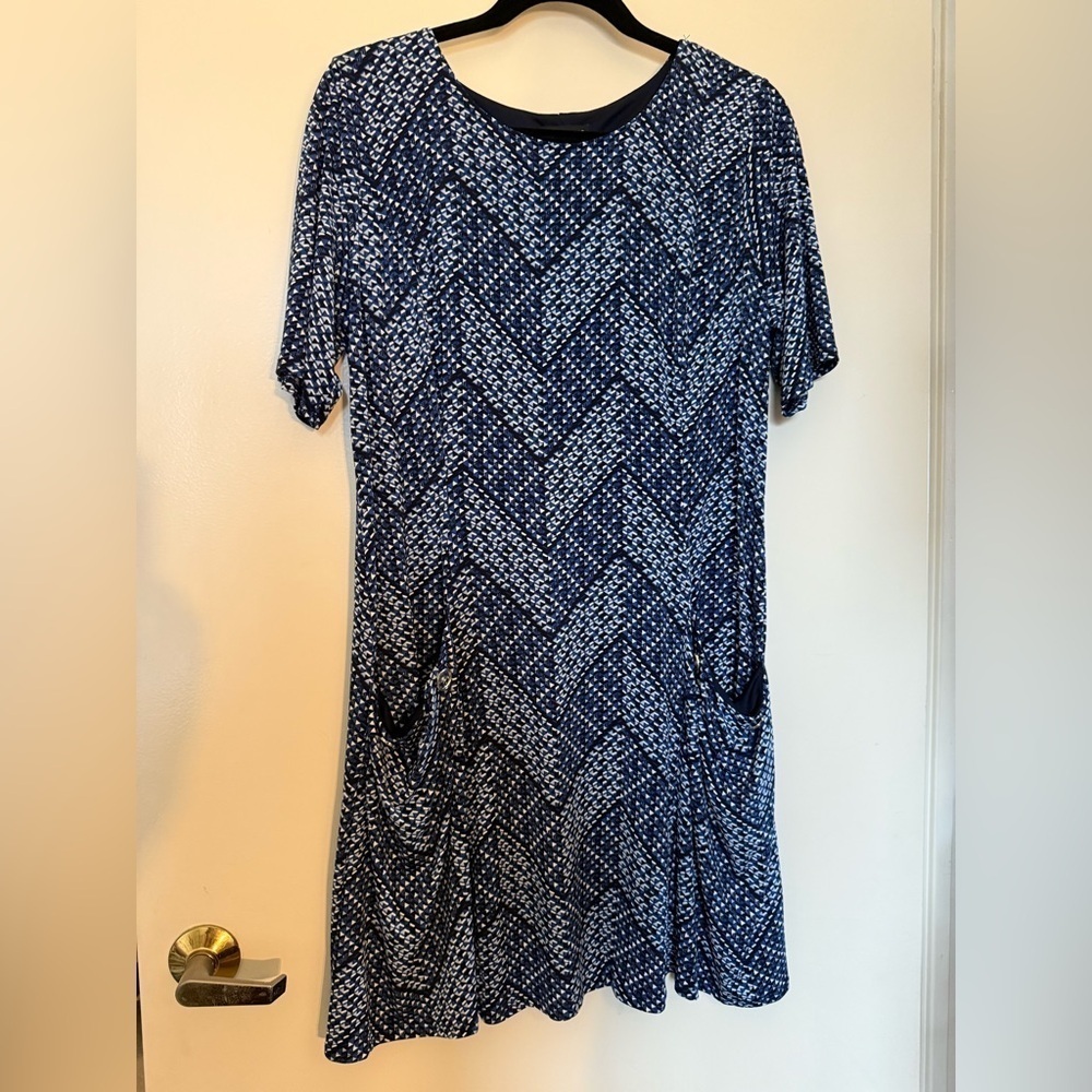 Enfocus Women Blue Print Short Sleeve Mini Dress with Pockets in Size 14W